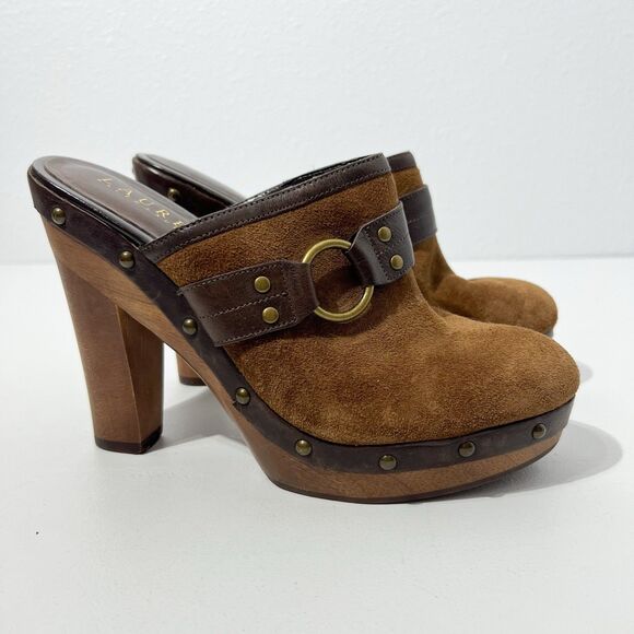 REVOLVE Shoes - REVOLVE Ralph Lauren Brown Suede Studded Leather Clog Mules with Ring Accent